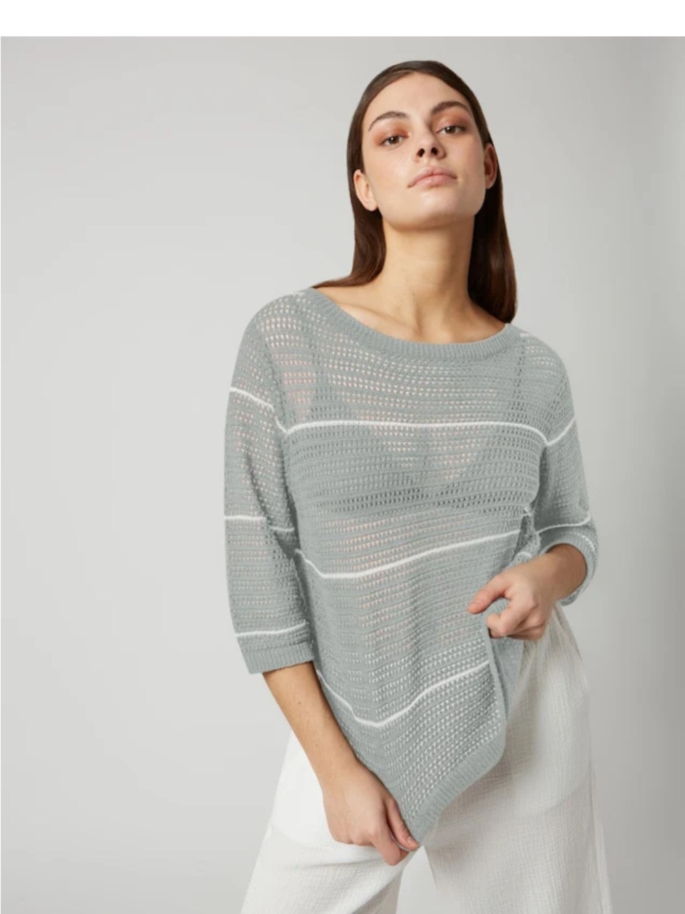 FIG 81% linen 19 cotton Kamari Crochet open knit sweater 3/4 sleeves women's M